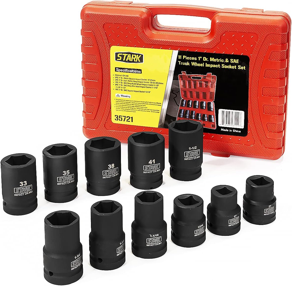 11-piece Impact Socket Set 1-inch Drive Metric & SAE Cr-Mo Steel 6-Point with Carrying Case N70161